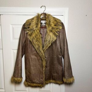 Penny Lane Leather Vintage Newport News Coat Jacket Womens M Faux Fur 70s